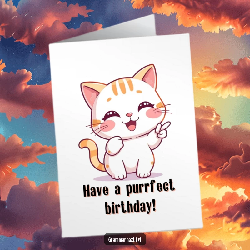 Funny free printable birthday card: cheerful cat character precisely pointing at a misplaced comma, ready to correct birthday wishes.