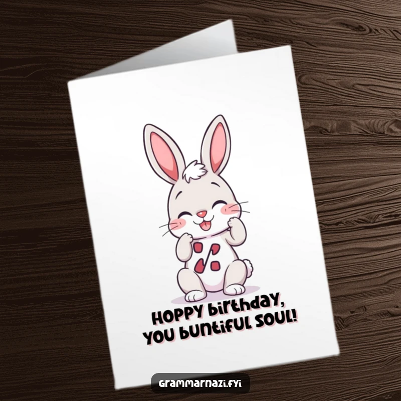 Funny Free Printable Birthday Card: Bunny character gleefully adjusting a perfectly straight apostrophe, a grammar joke.