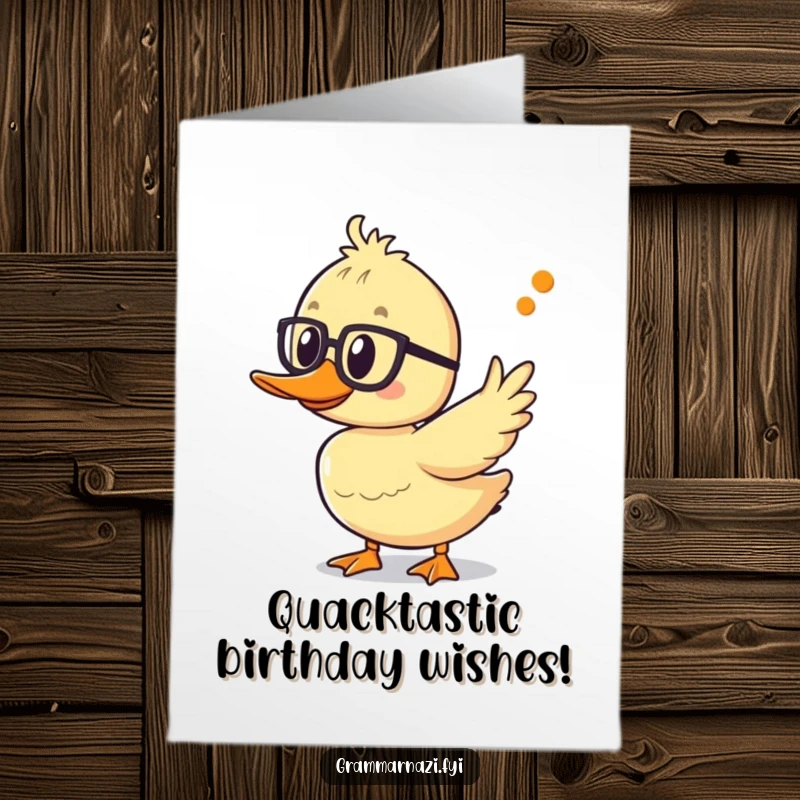 Funny Free Printable Birthday Card: A duckling with spectacles points excitedly at a correctly placed apostrophe, celebrating.