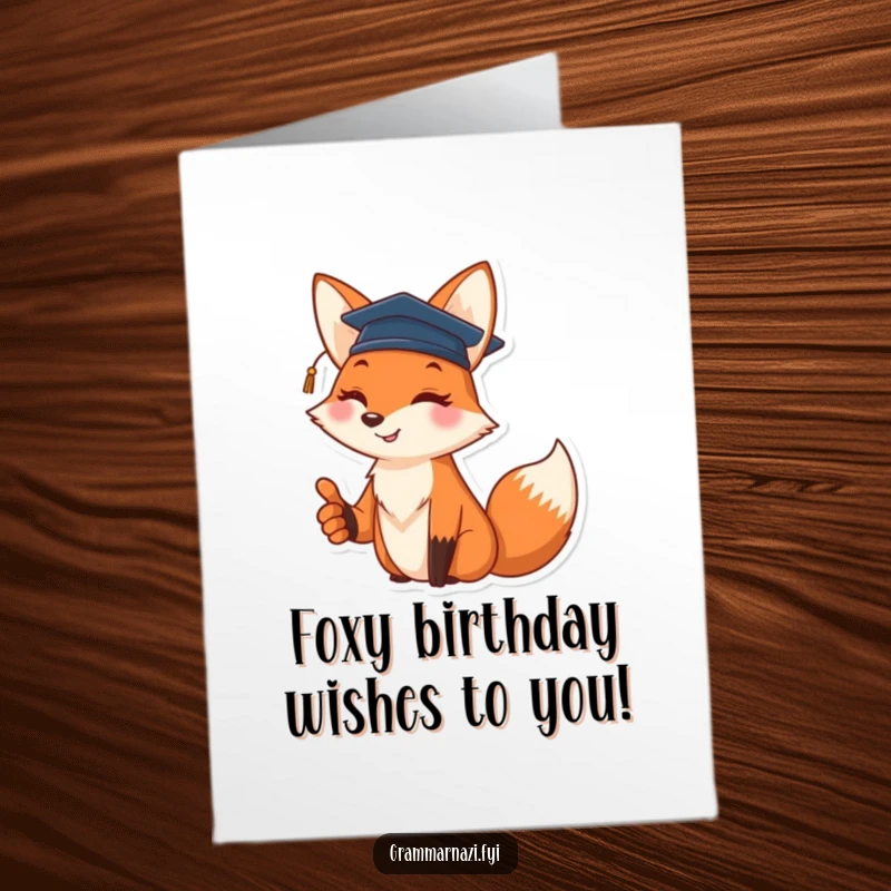 Funny Free Printable Birthday Card: Cheerful fox in grad cap giving a thumbs up, wishing a foxy birthday.