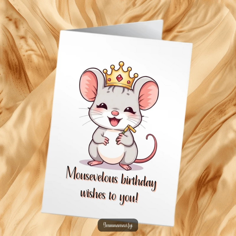 Funny Free Printable Birthday Card: A crowned mouse meticulously polishes a comma, ready to celebrate your royally good birthday.
