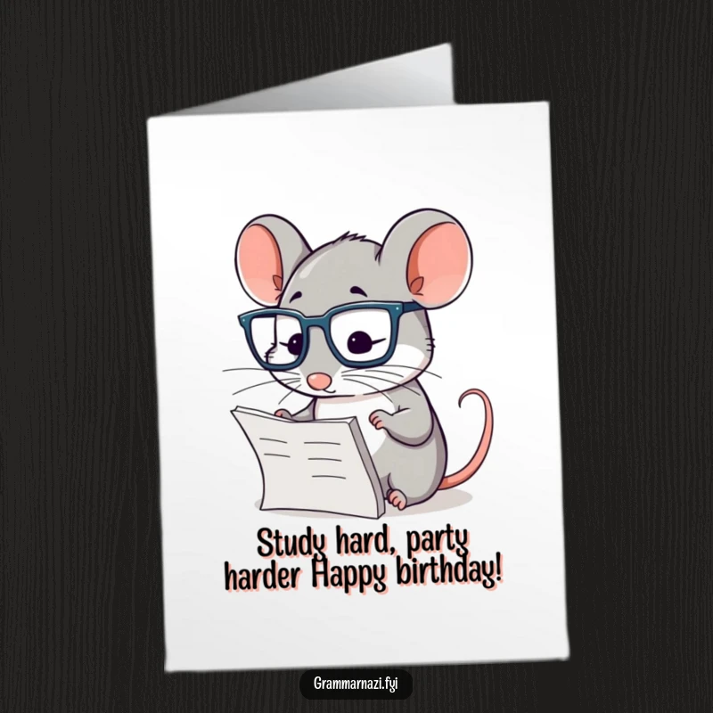 Funny Free Printable Birthday Card featuring a diligent mouse with glasses, intently checking a paragraph with a magnifying glass.