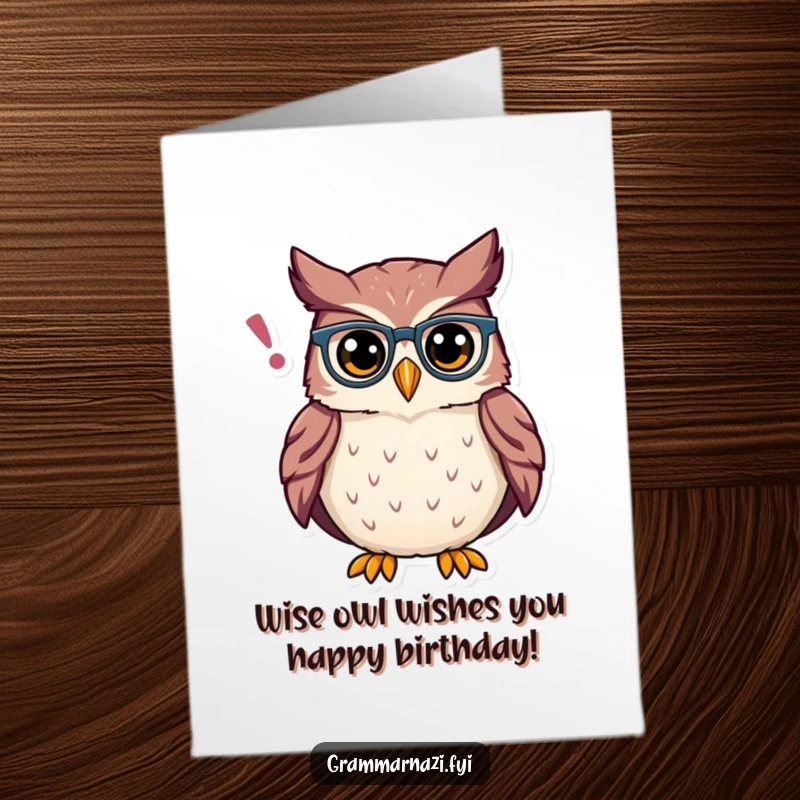 Funny Free Printable Birthday Card: Proud owl with spectacles adjusts a misplaced apostrophe in the air, wishing a happy birthday.