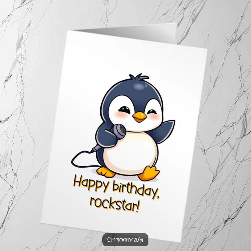 Funny Free Printable Birthday Card: A tiny penguin with a wink holds a miniature microphone, ready to serenade.