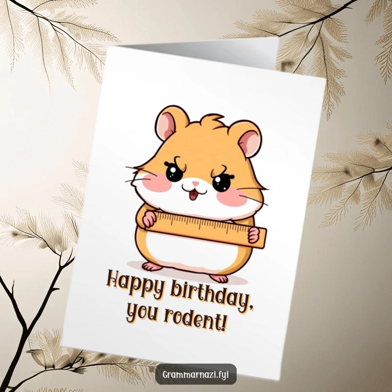Funny free printable birthday card: blushing hamster character holding a ruler with a stern expression, measuring birthday joy.
