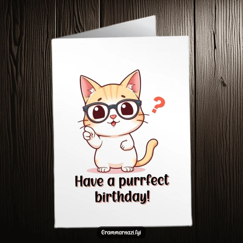 Funny Free Printable Birthday Card featuring a cat in glasses excitedly pointing at a misplaced comma, adding a witty touch.