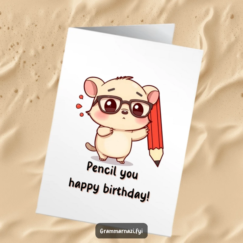 Funny Free Printable Birthday Card: Small, determined creature with spectacles points emphatically at a floating, red pencil, wishing happy birthday.