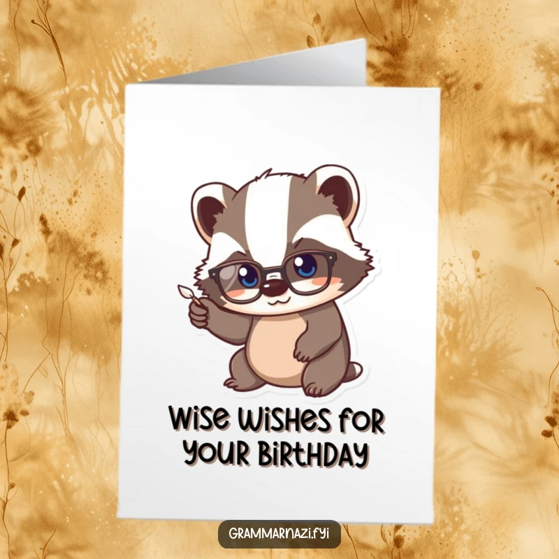 Funny Free Printable Birthday Card featuring a kawaii badger in spectacles, writing diligently with a tiny quill, full of purpose.