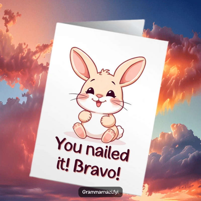 Funny Free Printable Congrats Card: A precise bunny humorously fixes a punctuation error, offering a witty congratulatory message.
