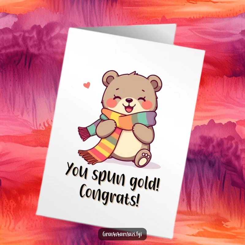 Funny Free Printable Congratulations Card showing a joyous bear knitting a long scarf, symbolizing warmth and achievement.