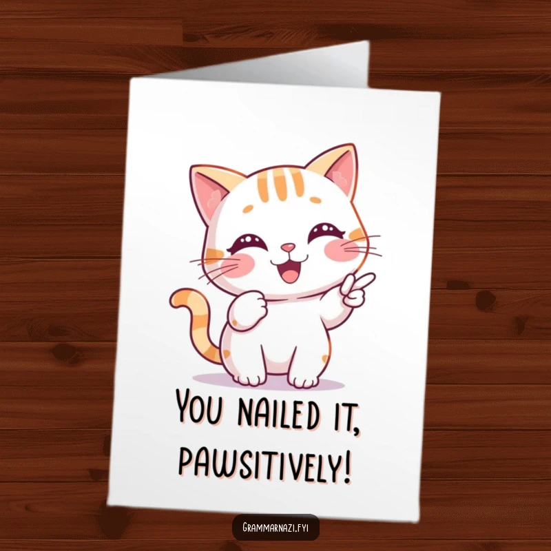 Funny free printable congratulations card: cheerful cat pointing precisely at a misplaced comma, celebrating success by fixing errors.