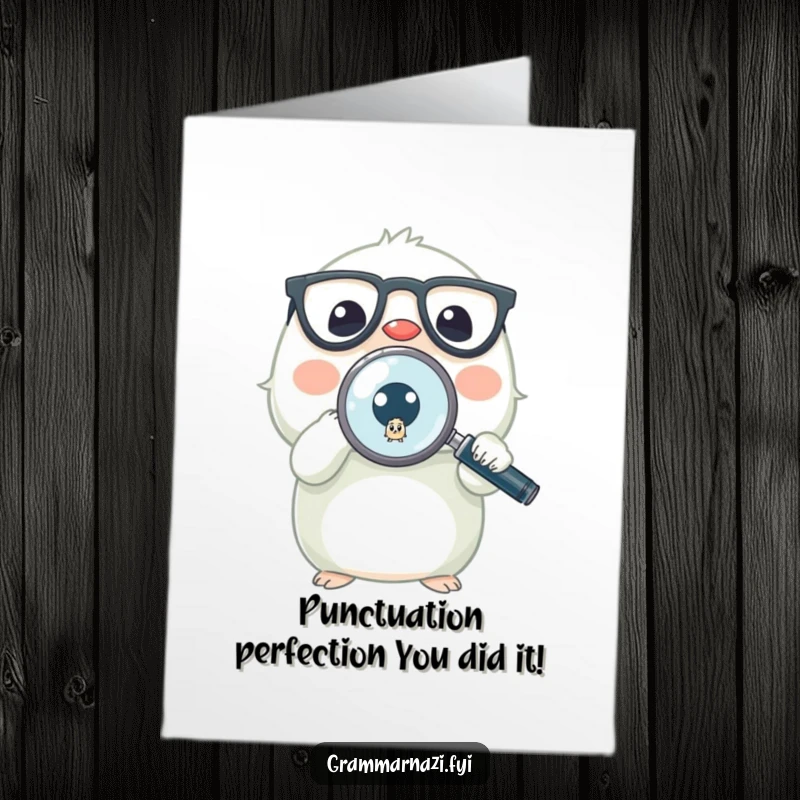 Free Printable Congratulations Card: Quirky creature examines a misplaced period, adding humor to your congratulations message.