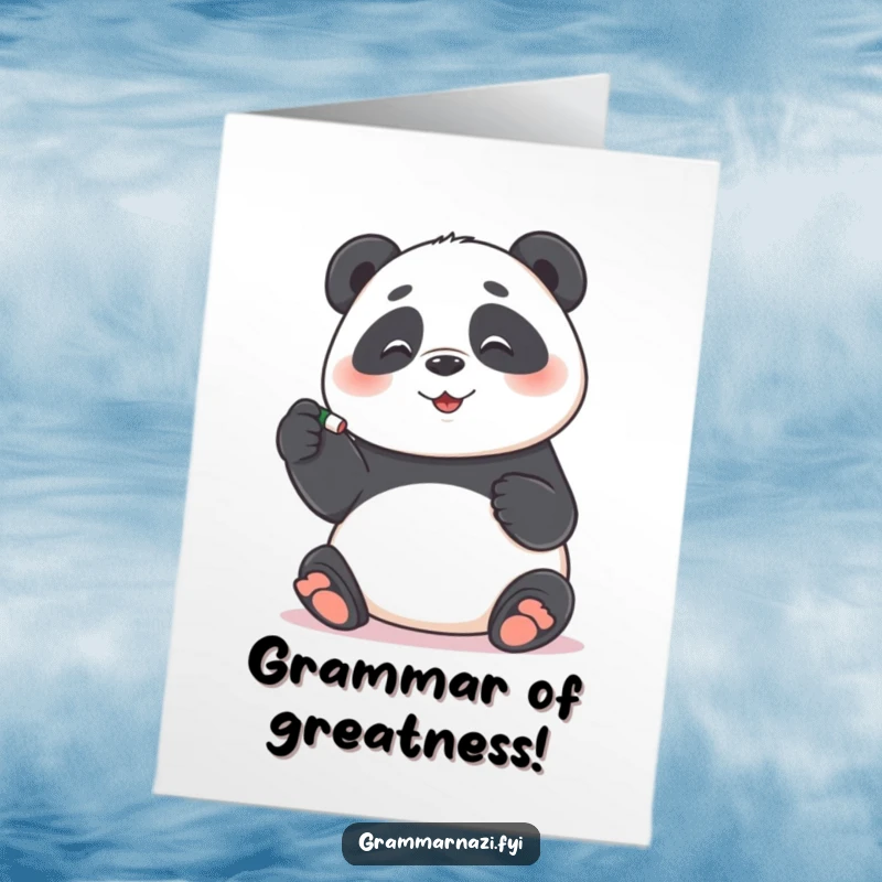 Funny Free Printable Congrats Card: Playful panda meticulously corrects a misplaced hyphen with a tiny eraser for a perfect congrats.