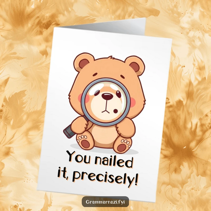 Funny Free Printable Congratulations Card: A determined bear uses a magnifying glass to inspect a small comma, celebrating precision and success.