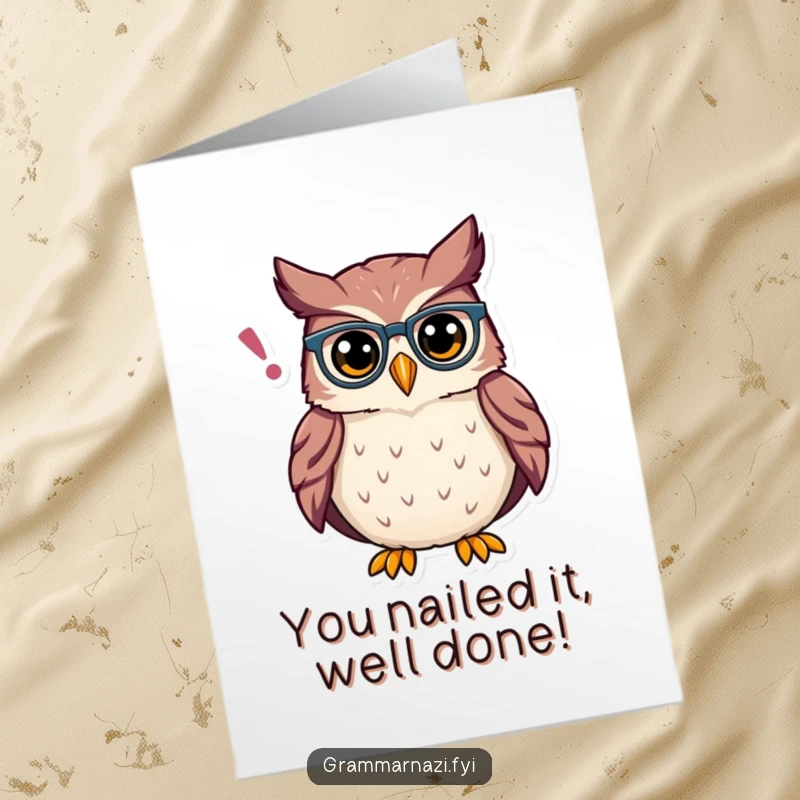 Funny Free Printable Congratulations Card: Proud owl wearing spectacles meticulously adjusts a floating, misplaced apostrophe, celebrating correctness.