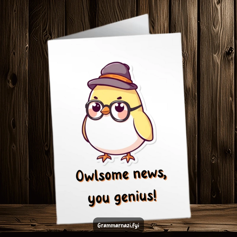 Funny free printable congratulations card: small round bird wearing meticulous tiny hat and glasses, looking impressively stern.