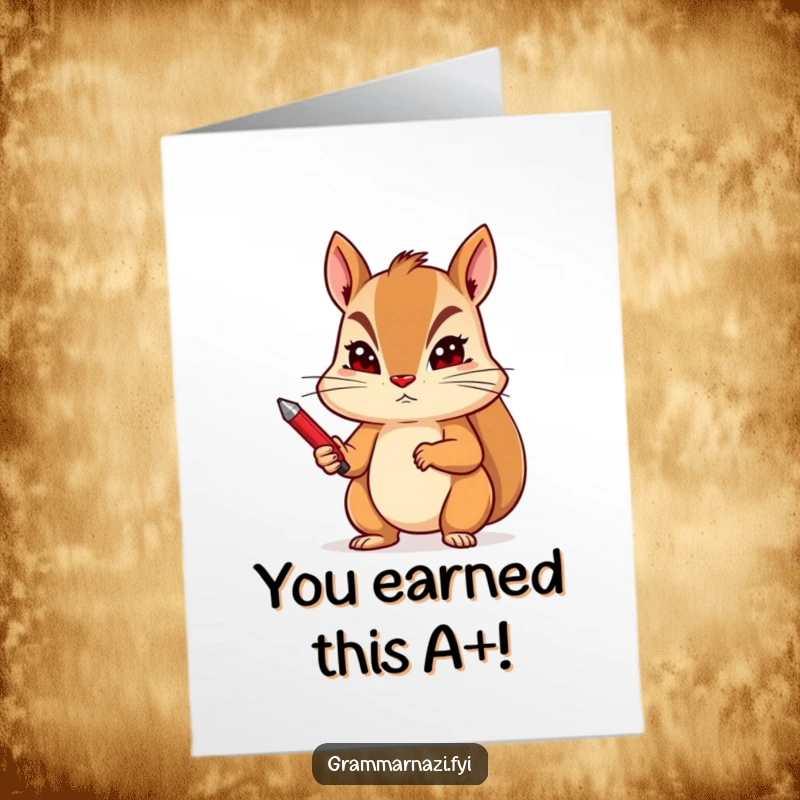 Funny Free Printable Congratulations Card: Squirrel with red pen looking stern, grading achievements with humorous authority.