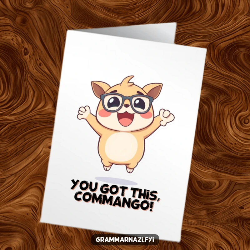 Funny Free Printable Congratulations Card: Excited creature in glasses leaping with glee, a comma in hand.
