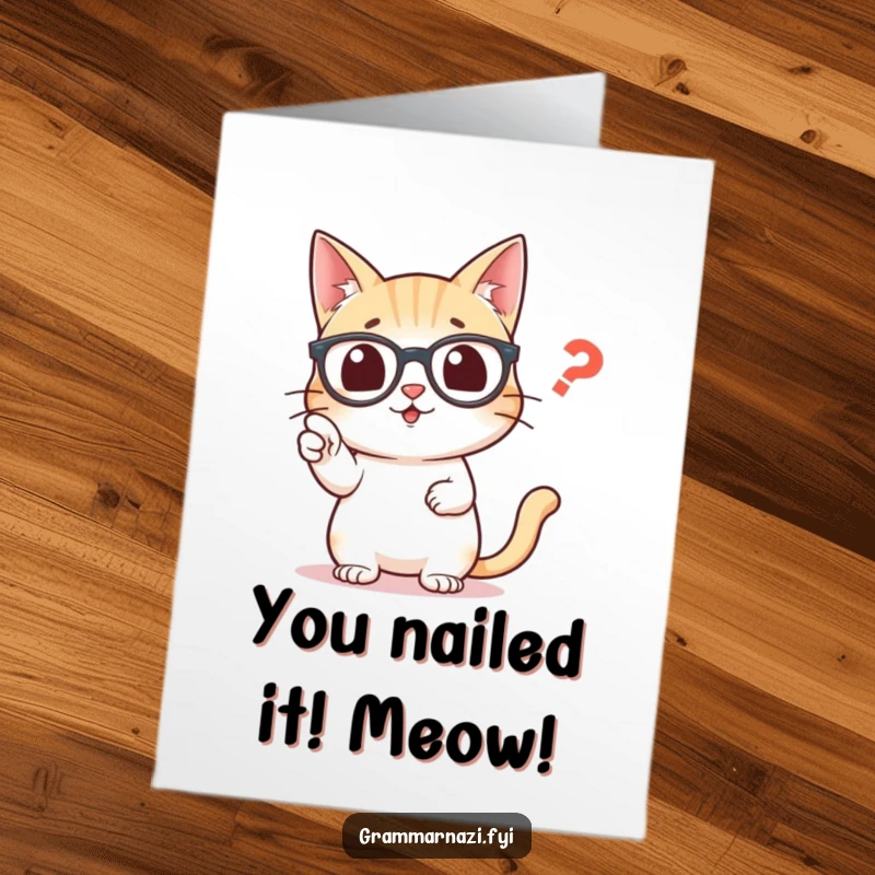 Funny Free Printable Congratulations Card with a cat in glasses precisely pointing out a misplaced comma, celebrating accuracy.