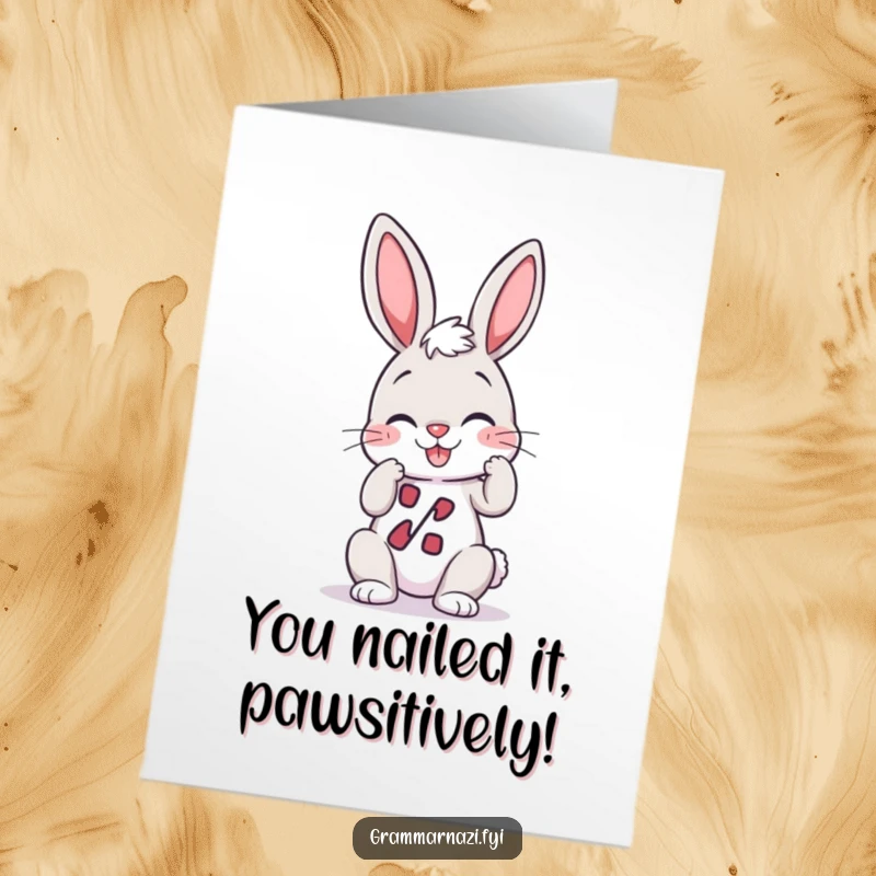Funny Free Printable Congrats Card: A bunny with a grin adjusting a pristine, perfectly straight apostrophe with tools.