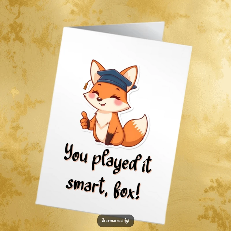 Funny Free Printable Congratulations Card: Cheerful fox wearing a graduation cap, giving a thumbs up, celebrating success.
