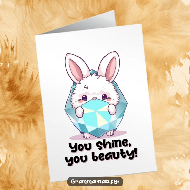 Funny Free Printable Congratulations Card: A fluffy bunny peeks from behind a massive, glittering gemstone, celebrating success.