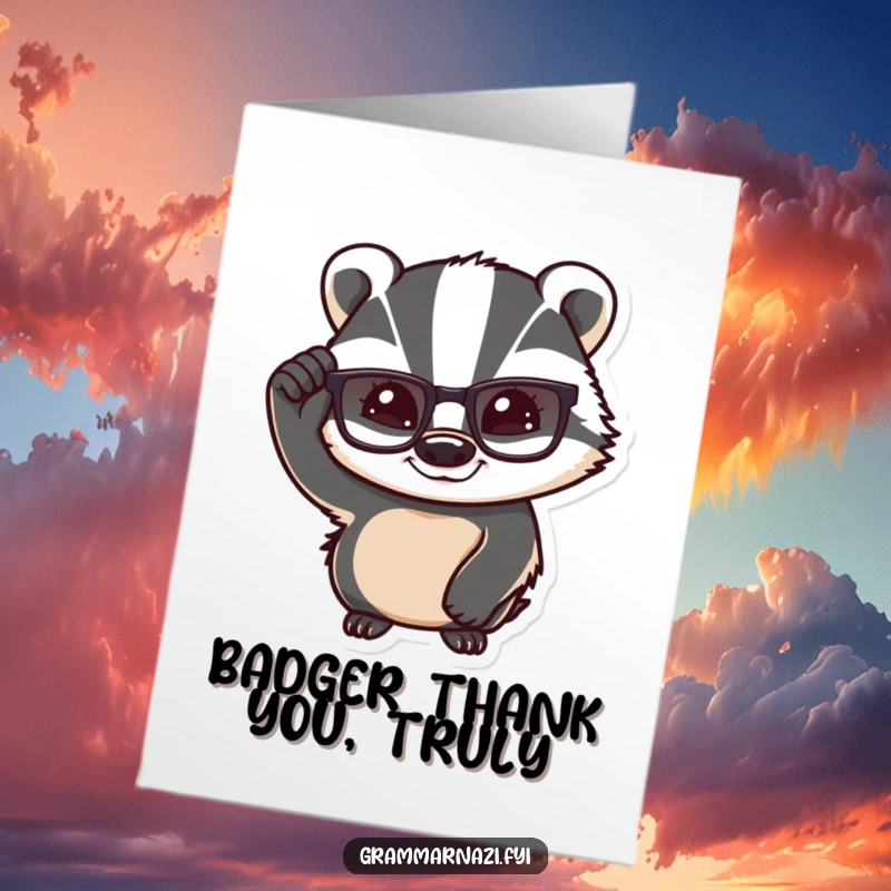Funny Free Printable Thank You Card: A confident badger adjusts its glasses, offering a knowing smile of thanks.