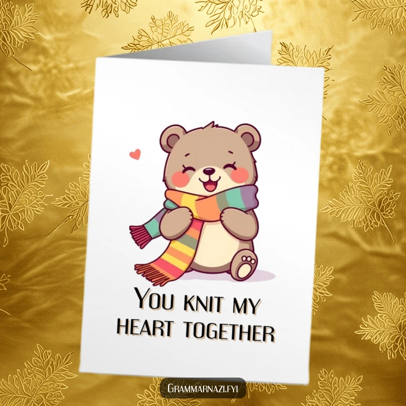 Funny Free Printable Thank You Card with a joyous bear knitting a long, colorful scarf, a cozy downloadable sentiment.