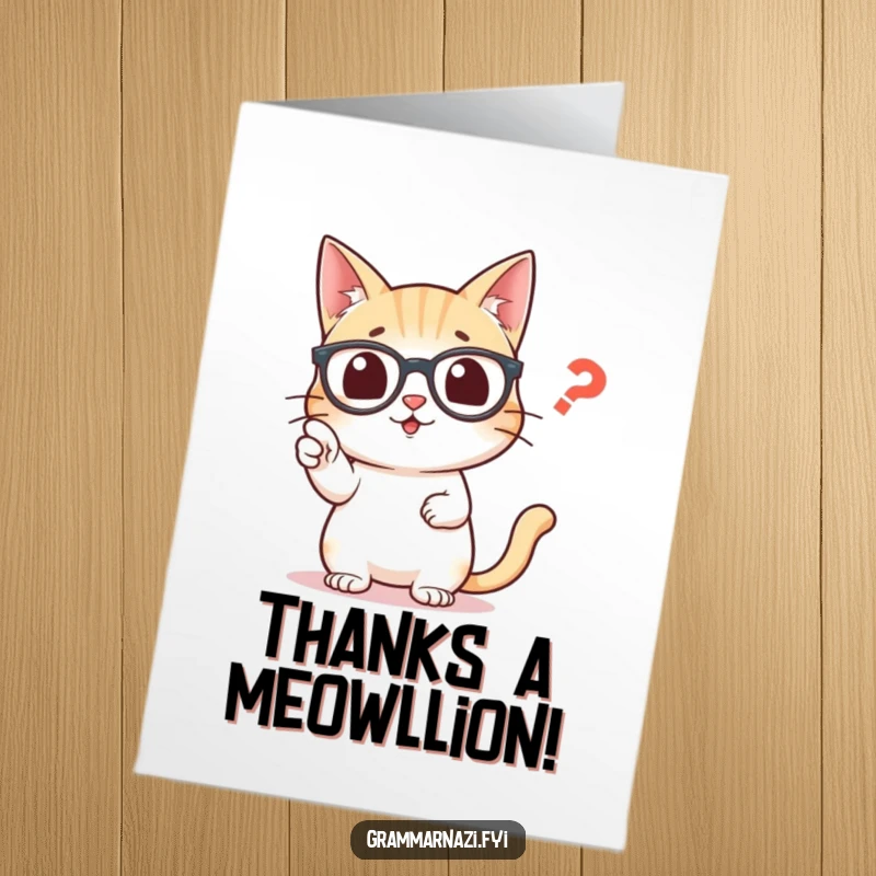 Funny Free Printable Thank You Card showcasing a studious cat in glasses highlighting a misplaced comma with a thank you sentiment.