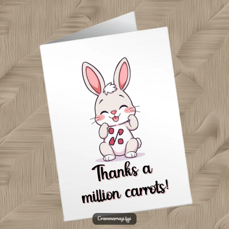 Funny Free Printable Thank You Card: A bunny character adjusting a perfect apostrophe, highlighting proper punctuation.