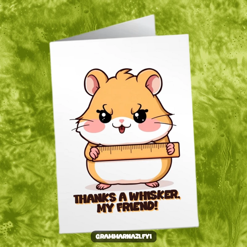 Funny free printable thank you card: shy hamster character holding a ruler with a stern face, offering precisely measured thanks.