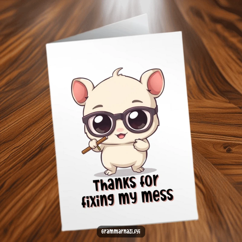 Funny Free Printable Thank You Card: Spectacled creature determinedly erasing a rogue apostrophe.