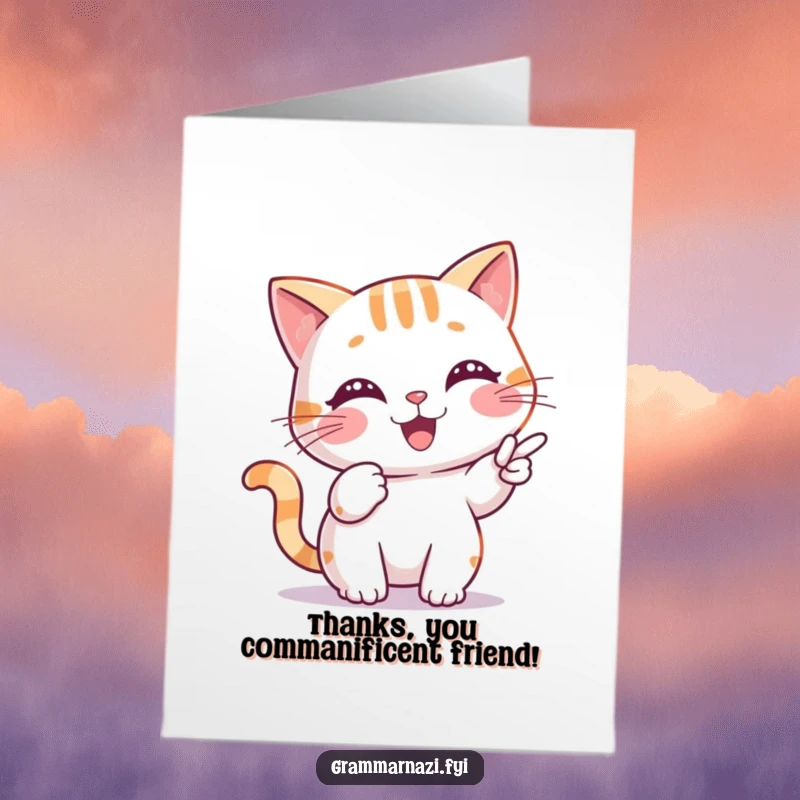 Funny free printable thank you card: cheerful cat character precisely pointing at a misplaced comma, thanking with meticulous accuracy.