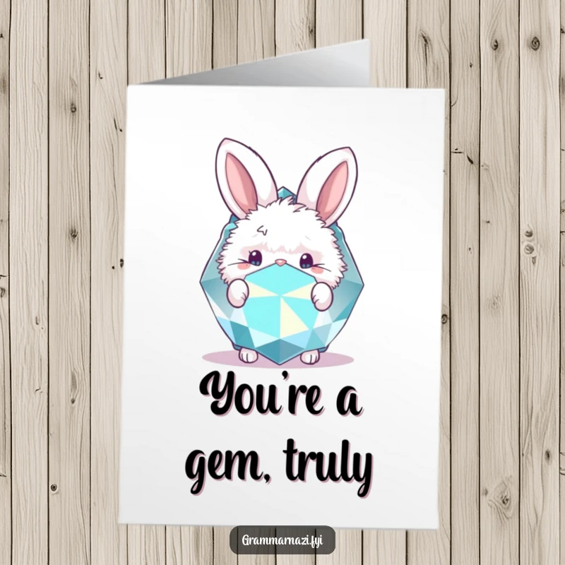 Funny Free Printable Thank You Card: A fluffy bunny peeks from behind a giant, sparkly gemstone, conveying thanks sweetly.