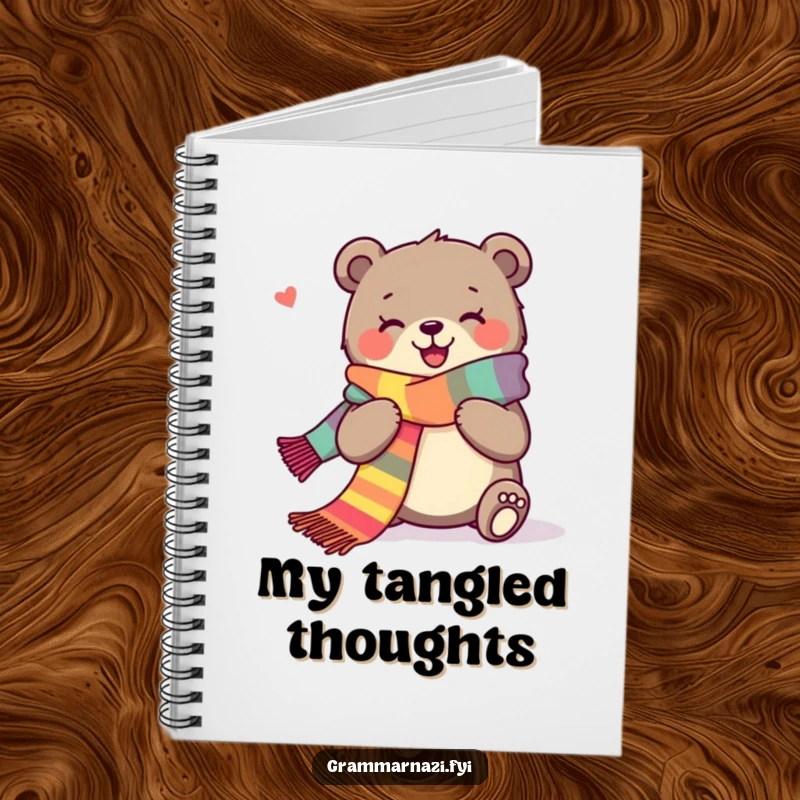 Funny notebook cover with a joyous bear happily knitting a long scarf, perfect for creative notes.