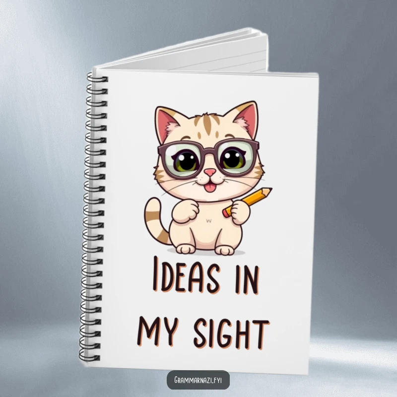 Funny cat with oversized glasses tapping a pencil, printed on a notebook, for jotting down smart ideas and cat-related thoughts.