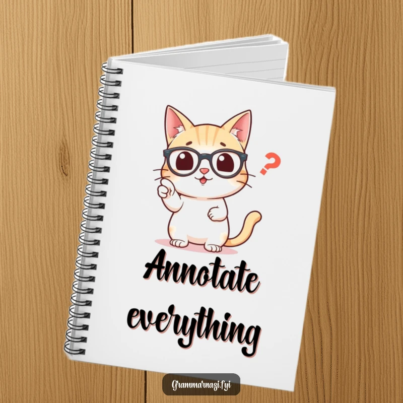 Funny notebook cover with a smart cat in glasses, its paw raised to correct a misplaced comma.