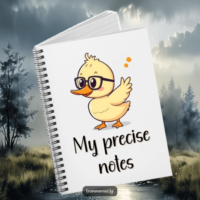 Funny duckling notebook with spectacles, pointing at an apostrophe, perfect for jotting down ideas with grammatical accuracy.