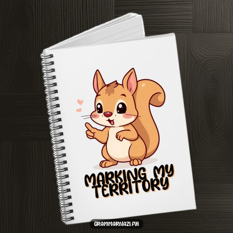 Funny squirrel pointing at a perfect apostrophe, on a notebook, for jotting down writing ideas and ensuring grammatical correctness.