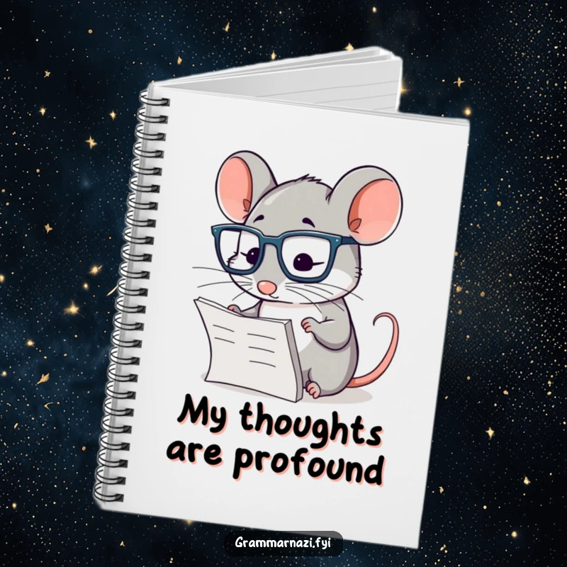 Funny notebook featuring a diligent mouse wearing glasses, meticulously checking a paragraph, for capturing witty ideas.