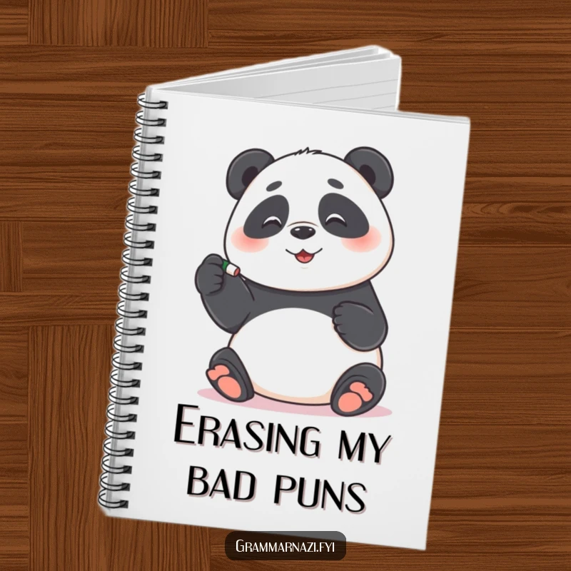 Funny Notebook: Panda meticulously correcting a hyphen with an eraser, ideal for jotting down funny grammar notes, a great funny gift.