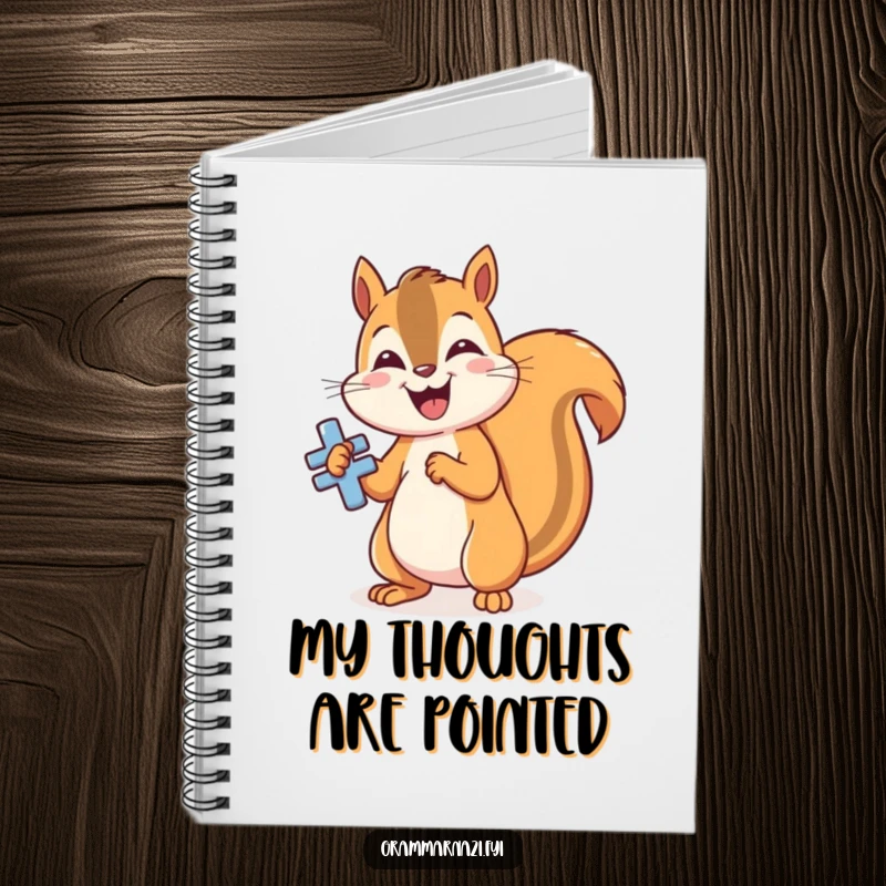 Funny grammar squirrel notebook, polishing a shiny, perfectly formed grammatical symbol, humorous stationery for writers.