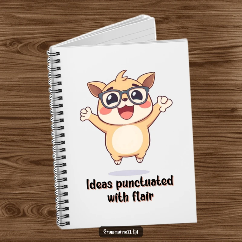 Funny notebook cover showcasing an excited, bespectacled creature jumping with joy and holding a perfectly placed comma, great for note-taking.