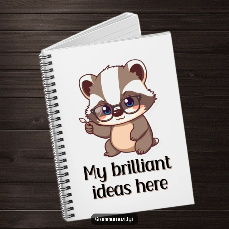 Funny Kawaii Badger Notebook: A cute badger wearing spectacles vigorously points a tiny quill, perfect for jotting down studious thoughts.