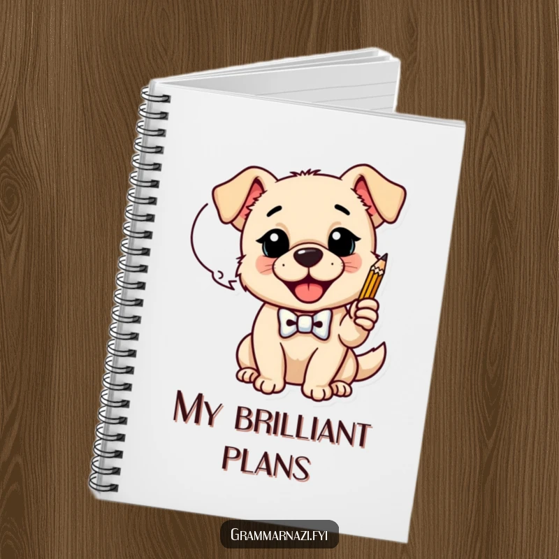 Funny Notebook: A happy dog with a bow tie taps a pencil on a dialogue bubble, ideal for jotting down funny thoughts, a great funny gift.