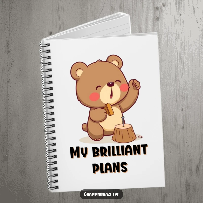 Funny notebook cover with a determined bear hammering a tiny nail into wood, perfect for planning and humorous notes.