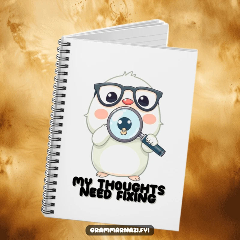 Funny notebook cover with a tiny animal wearing glasses, magnifying glass over a misplaced period, perfect for writers and students.