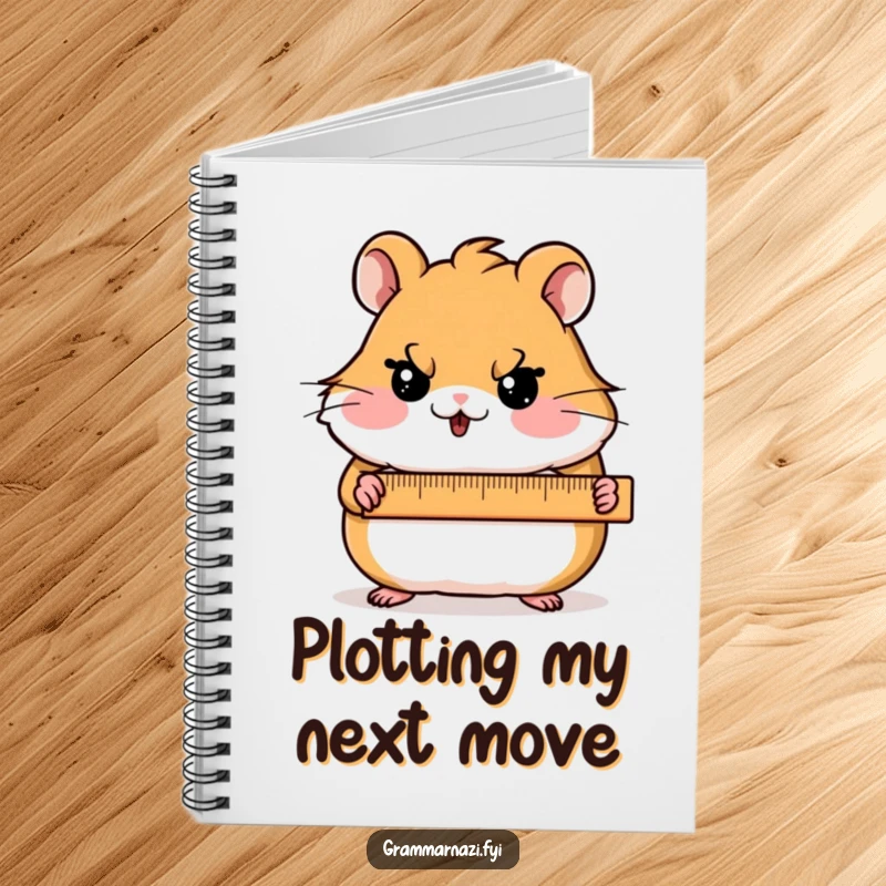 Funny Notebook featuring a blushing hamster character holding a ruler with a stern expression, designed for precise planning.