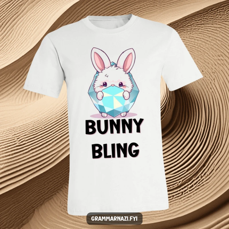 Funny t-shirt featuring a fluffy bunny peeking playfully from behind a large, glittering gemstone.