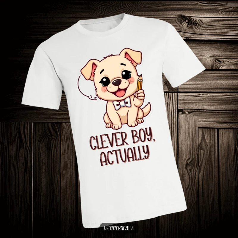 Funny T-Shirt: A happy dog with a bow tie taps a pencil, signifying funny creativity and smart thinking, an excellent funny gift.